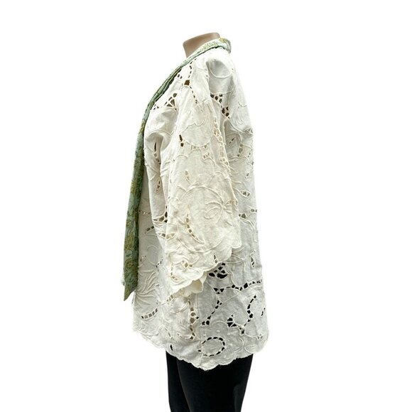Anthropologie Floreat Boho Lace Kimono Laser Cut Linen Cotton White Green‎ OS - Picture 12 of 14